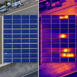 Klare Drohnenaufnahme einer PVAnlage mit ThermografieAnalyse zur präzisen Fehlerdiagnose